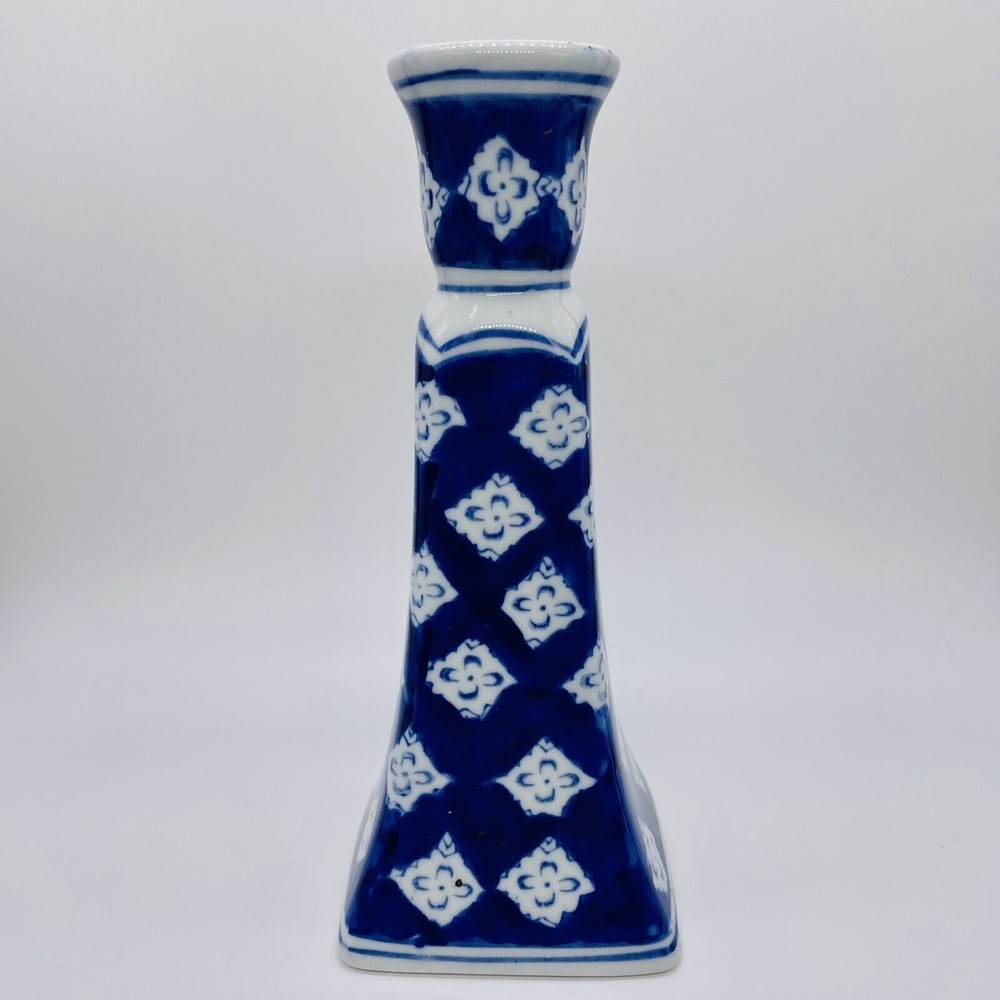 Vintage Silvestri Handcrafted Porcelain Candle Holder Blue White 8"